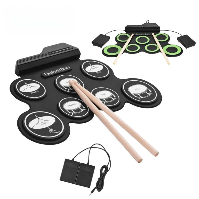 2022 Neues faltbares Silikon-Handroll-USB-Elektroniktrommel-Tragbares Übungstrommel-Pad-Kit mit Drumsticks-Sustain-Pedal