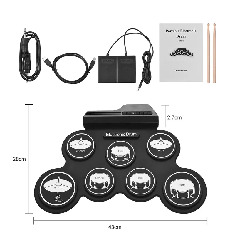 2022 Neues faltbares Silikon-Handroll-USB-Elektroniktrommel-Tragbares Übungstrommel-Pad-Kit mit Drumsticks-Sustain-Pedal