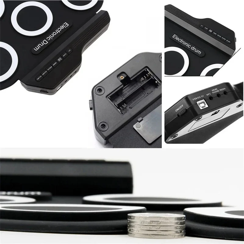 2022 Neues faltbares Silikon-Handroll-USB-Elektroniktrommel-Tragbares Übungstrommel-Pad-Kit mit Drumsticks-Sustain-Pedal