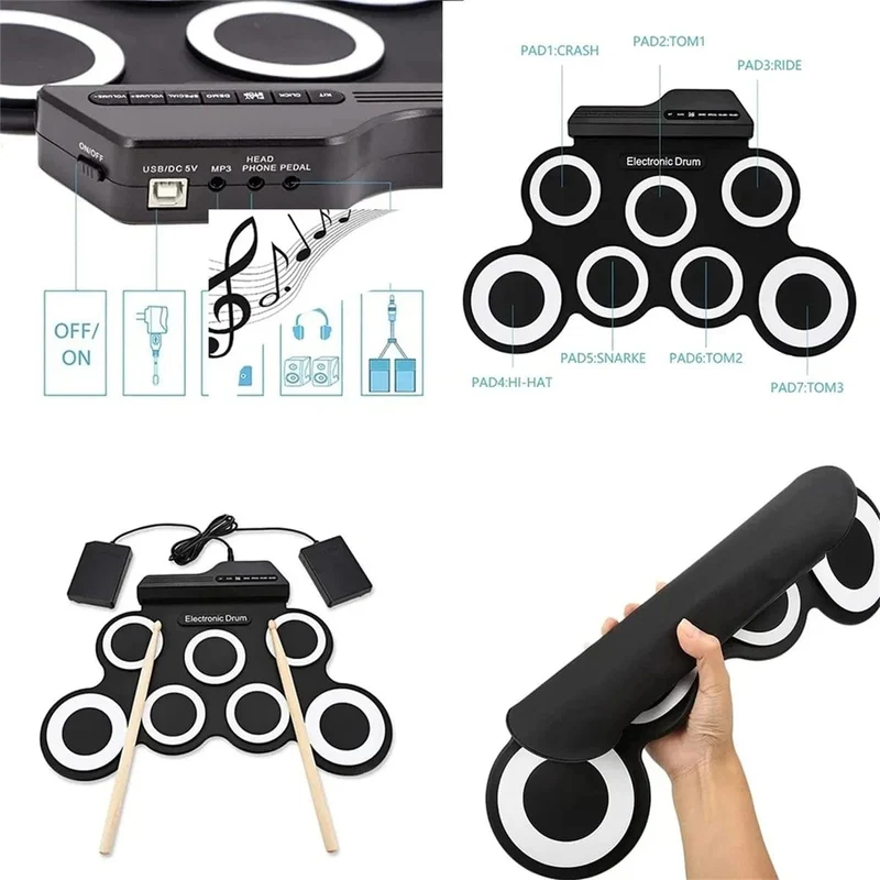 2022 Neues faltbares Silikon-Handroll-USB-Elektroniktrommel-Tragbares Übungstrommel-Pad-Kit mit Drumsticks-Sustain-Pedal