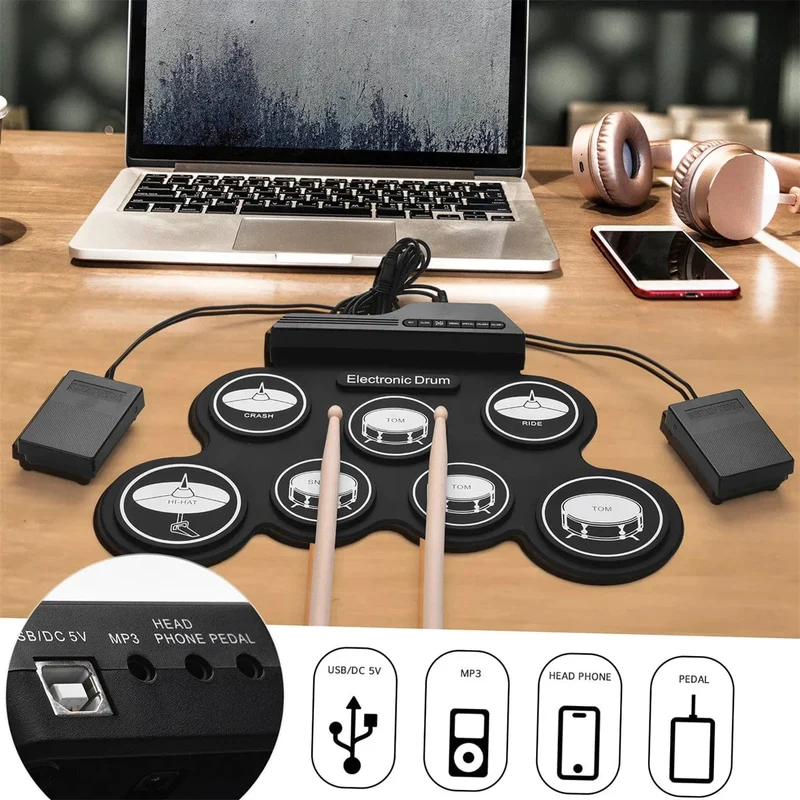 2022 Neues faltbares Silikon-Handroll-USB-Elektroniktrommel-Tragbares Übungstrommel-Pad-Kit mit Drumsticks-Sustain-Pedal