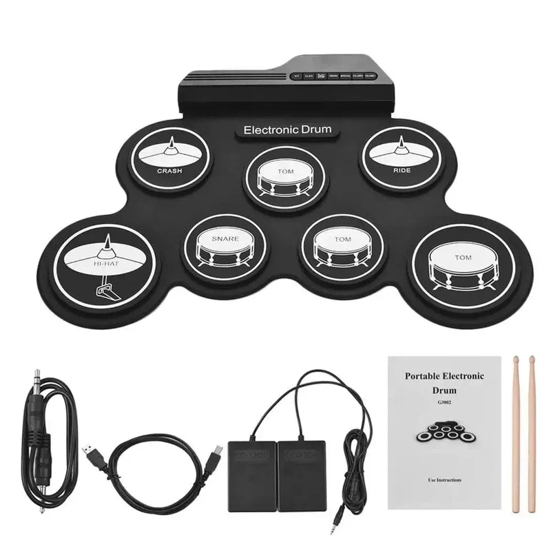 2022 Neues faltbares Silikon-Handroll-USB-Elektroniktrommel-Tragbares Übungstrommel-Pad-Kit mit Drumsticks-Sustain-Pedal