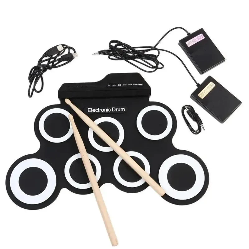 2022 Neues faltbares Silikon-Handroll-USB-Elektroniktrommel-Tragbares Übungstrommel-Pad-Kit mit Drumsticks-Sustain-Pedal