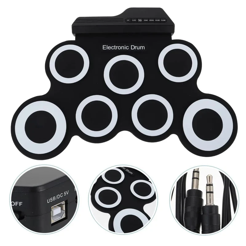 2022 Neues faltbares Silikon-Handroll-USB-Elektroniktrommel-Tragbares Übungstrommel-Pad-Kit mit Drumsticks-Sustain-Pedal