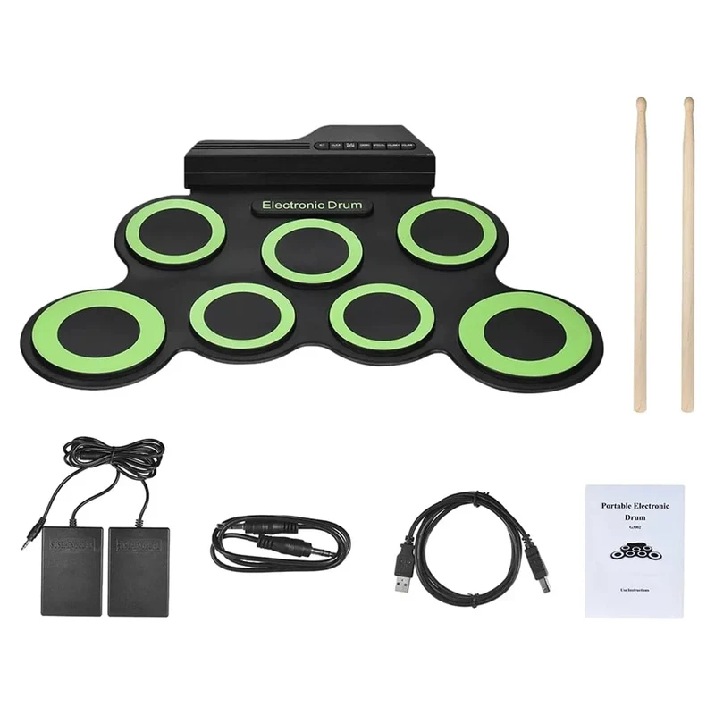2022 Neues faltbares Silikon-Handroll-USB-Elektroniktrommel-Tragbares Übungstrommel-Pad-Kit mit Drumsticks-Sustain-Pedal