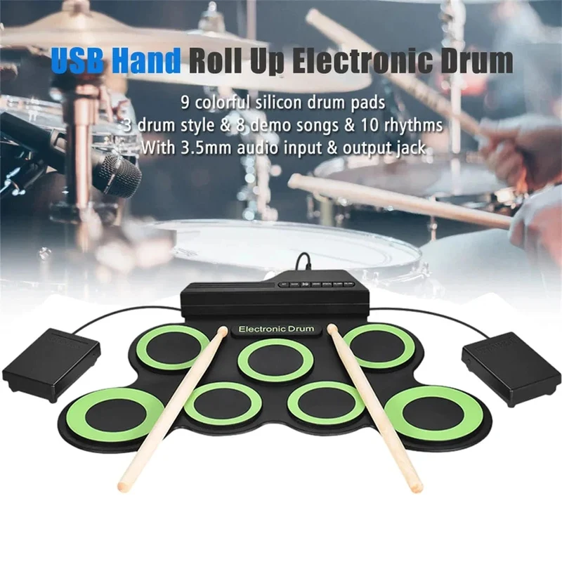 2022 Neues faltbares Silikon-Handroll-USB-Elektroniktrommel-Tragbares Übungstrommel-Pad-Kit mit Drumsticks-Sustain-Pedal