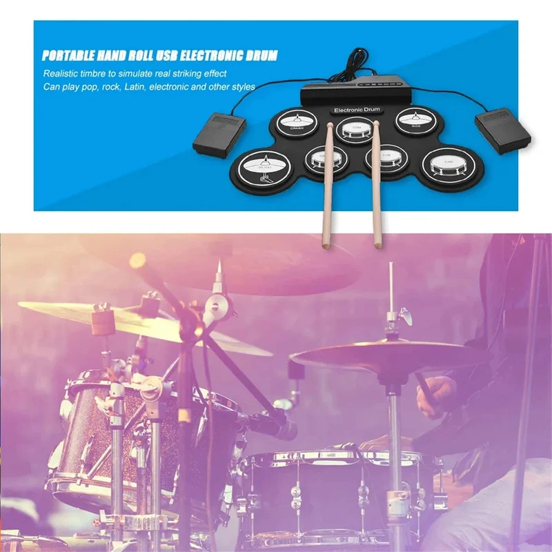 2022 Neues faltbares Silikon-Handroll-USB-Elektroniktrommel-Tragbares Übungstrommel-Pad-Kit mit Drumsticks-Sustain-Pedal