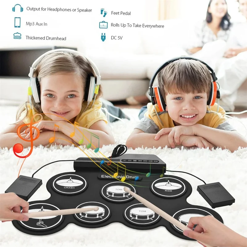 2022 Neues faltbares Silikon-Handroll-USB-Elektroniktrommel-Tragbares Übungstrommel-Pad-Kit mit Drumsticks-Sustain-Pedal