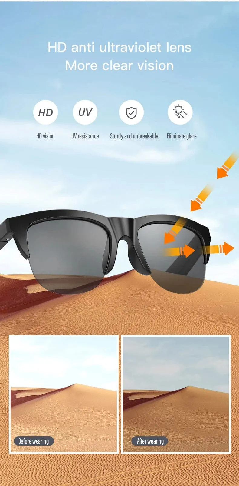 F06 Connected Bezel IP4 Wasserdichter Sonnenschirm Drahtlose Stereo-Android-Brille mit Bluetooth-Kopfhörern Sport Elektroroller Männer