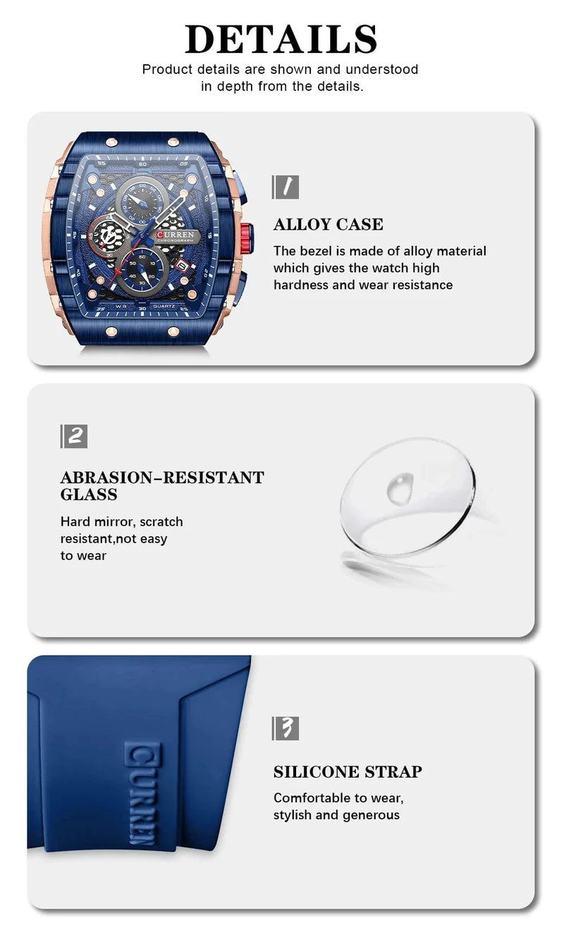 CURREN Top-Marke Herrenuhren Luxus Quadratische Quarzarmbanduhr Wasserdicht Leuchtende Chronographenuhr für Männer Datumsuhr