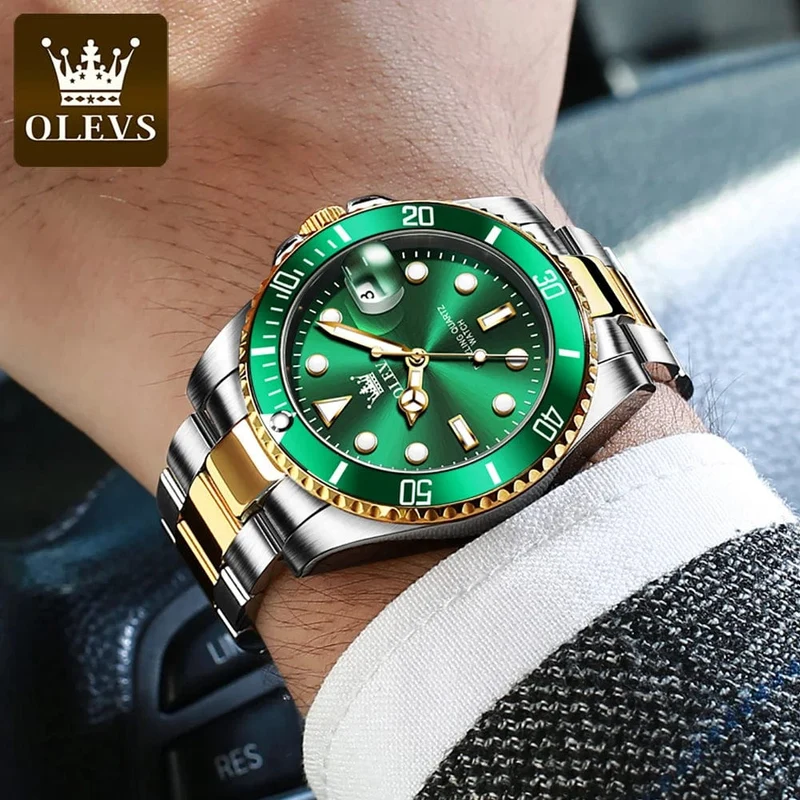 OLEVS Top Original Herren Quarzuhr Grün Wasserdichte Uhr für Männer Edelstahl Quarz Herren Luxusuhr Leuchtende Armbanduhr