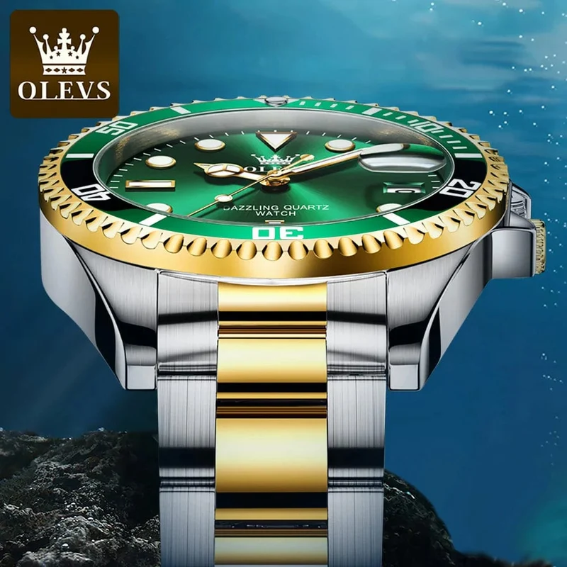 OLEVS Top Original Herren Quarzuhr Grün Wasserdichte Uhr für Männer Edelstahl Quarz Herren Luxusuhr Leuchtende Armbanduhr