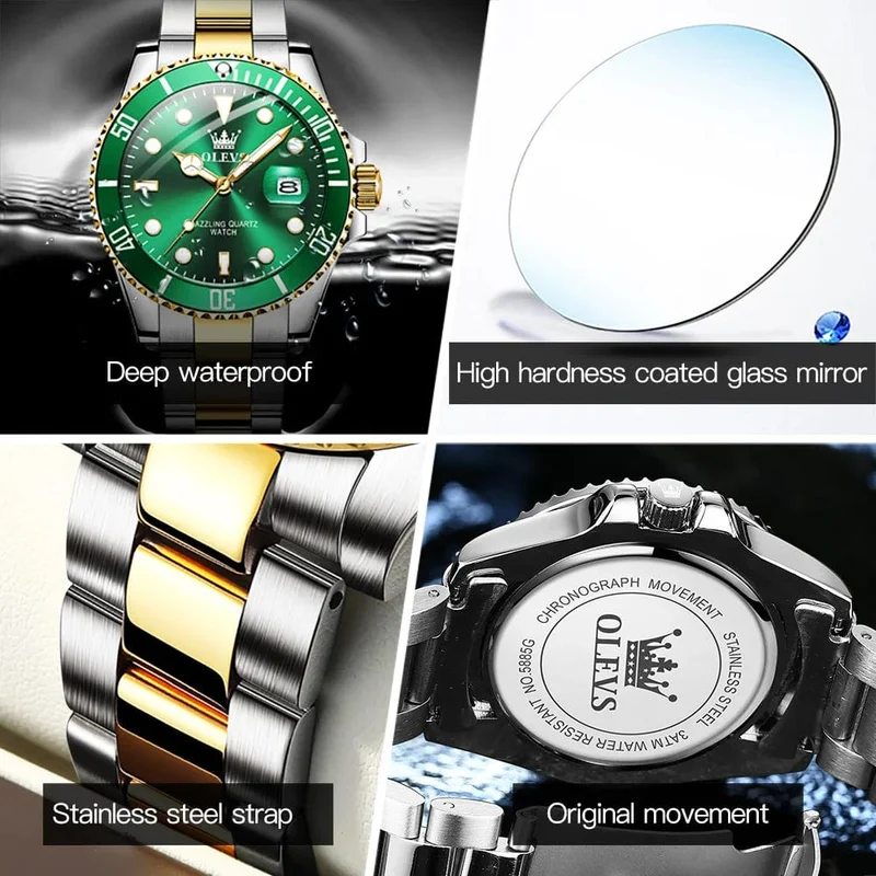 OLEVS Top Original Herren Quarzuhr Grün Wasserdichte Uhr für Männer Edelstahl Quarz Herren Luxusuhr Leuchtende Armbanduhr