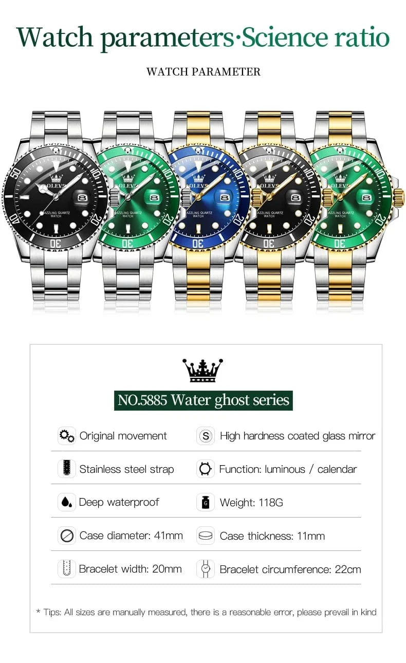 OLEVS Top Original Herren Quarzuhr Grün Wasserdichte Uhr für Männer Edelstahl Quarz Herren Luxusuhr Leuchtende Armbanduhr