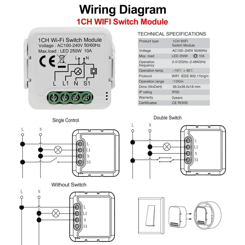 Tuya WiFi Smart Lichtschaltermodul unterstützt 2-Wege-Steuerung, App-Fernbedienung DIY Breaker 100-240 V, funktioniert mit Alexa Google Home