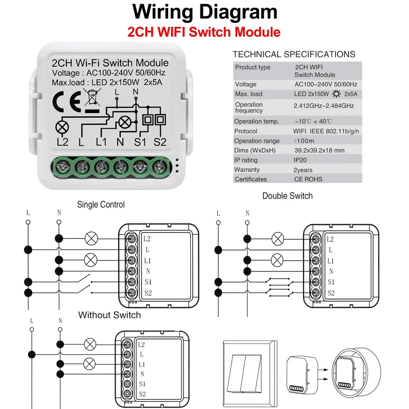 Tuya WiFi Smart Lichtschaltermodul unterstützt 2-Wege-Steuerung, App-Fernbedienung DIY Breaker 100-240 V, funktioniert mit Alexa Google Home