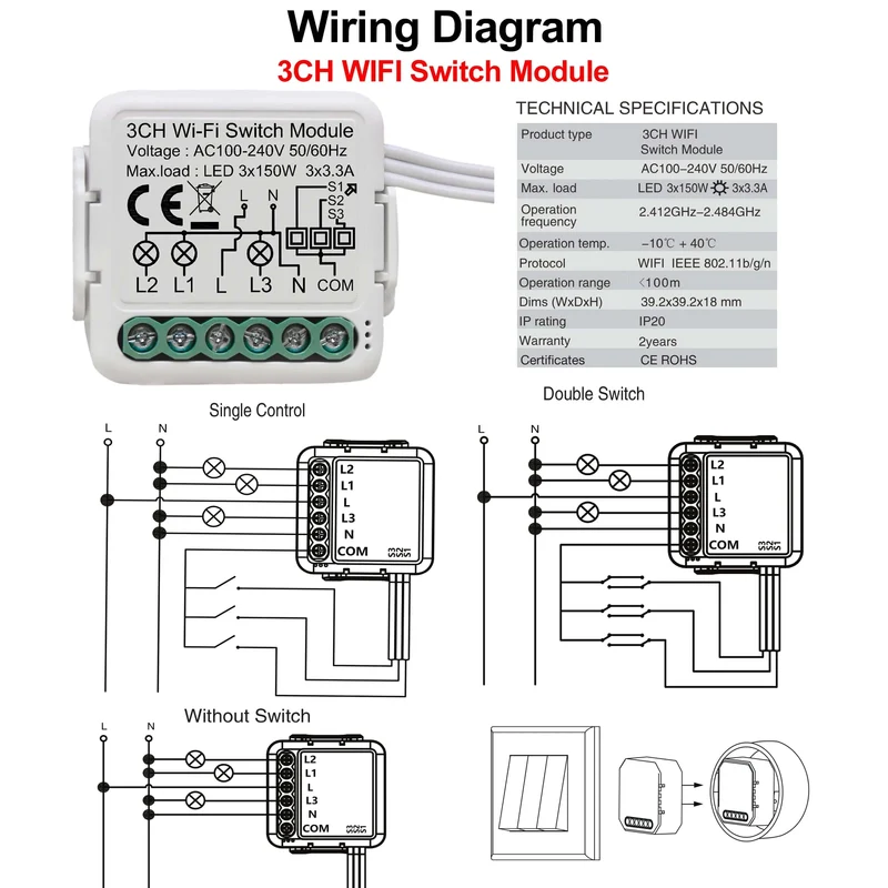 Tuya WiFi Smart Lichtschaltermodul unterstützt 2-Wege-Steuerung, App-Fernbedienung DIY Breaker 100-240 V, funktioniert mit Alexa Google Home