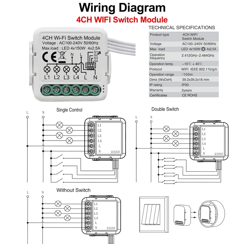 Tuya WiFi Smart Lichtschaltermodul unterstützt 2-Wege-Steuerung, App-Fernbedienung DIY Breaker 100-240 V, funktioniert mit Alexa Google Home