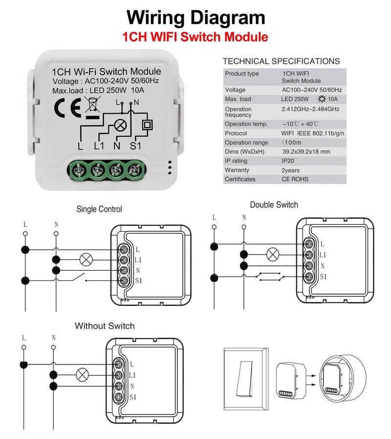 Tuya WiFi Smart Lichtschaltermodul unterstützt 2-Wege-Steuerung, App-Fernbedienung DIY Breaker 100-240 V, funktioniert mit Alexa Google Home