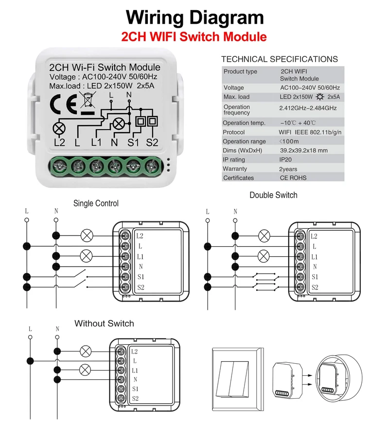 Tuya WiFi Smart Lichtschaltermodul unterstützt 2-Wege-Steuerung, App-Fernbedienung DIY Breaker 100-240 V, funktioniert mit Alexa Google Home