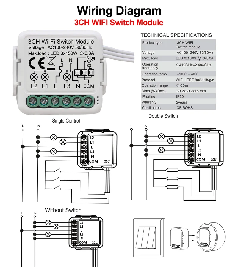 Tuya WiFi Smart Lichtschaltermodul unterstützt 2-Wege-Steuerung, App-Fernbedienung DIY Breaker 100-240 V, funktioniert mit Alexa Google Home