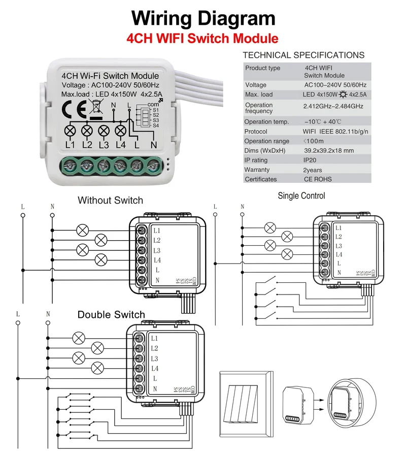 Tuya WiFi Smart Lichtschaltermodul unterstützt 2-Wege-Steuerung, App-Fernbedienung DIY Breaker 100-240 V, funktioniert mit Alexa Google Home