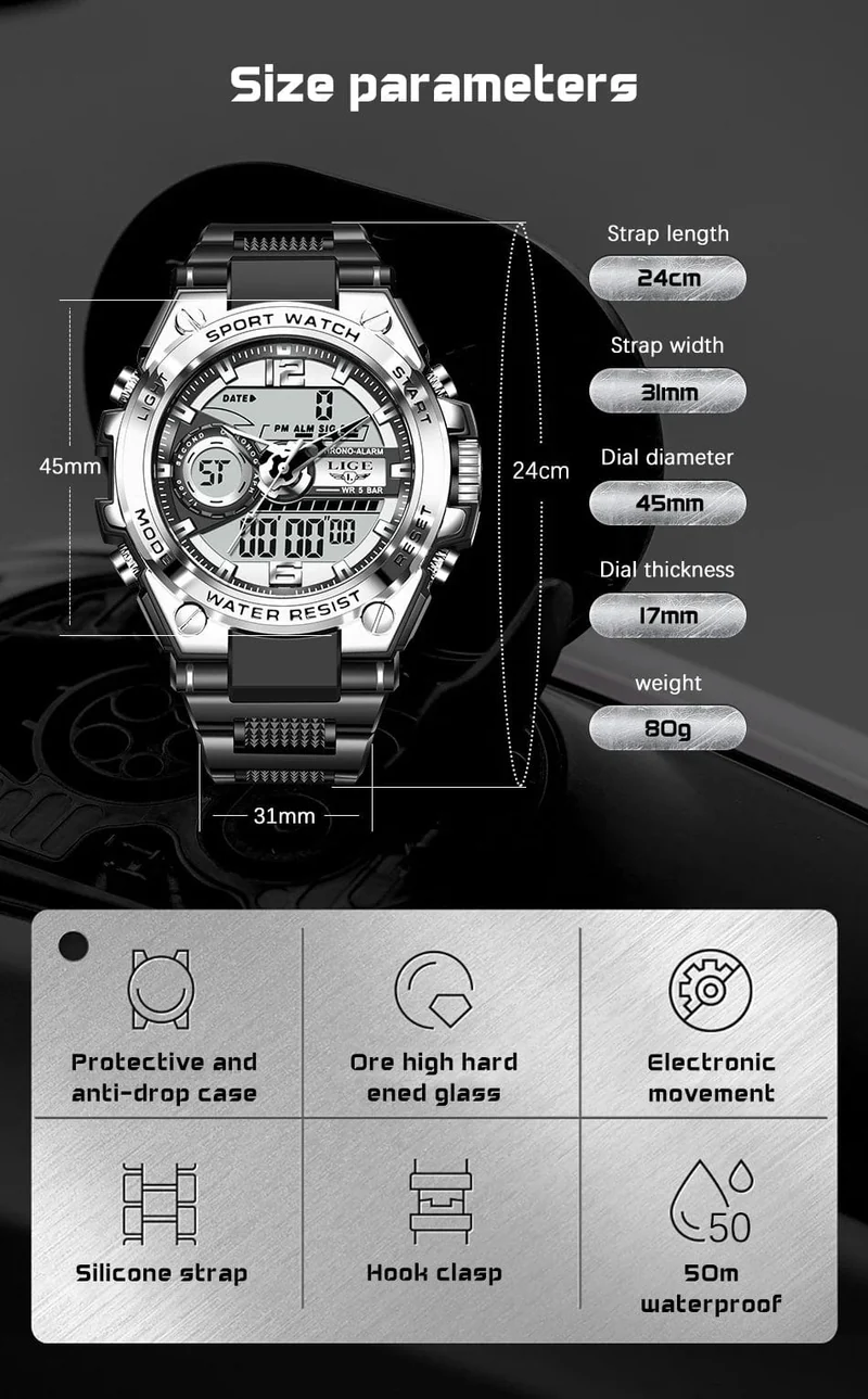 LIGE Männer Militär Uhr Digital 50m Wasserdicht Armbanduhr LED Quarz Uhr Sport Uhr Männlichen Große Uhren Männer Relogios Masculino