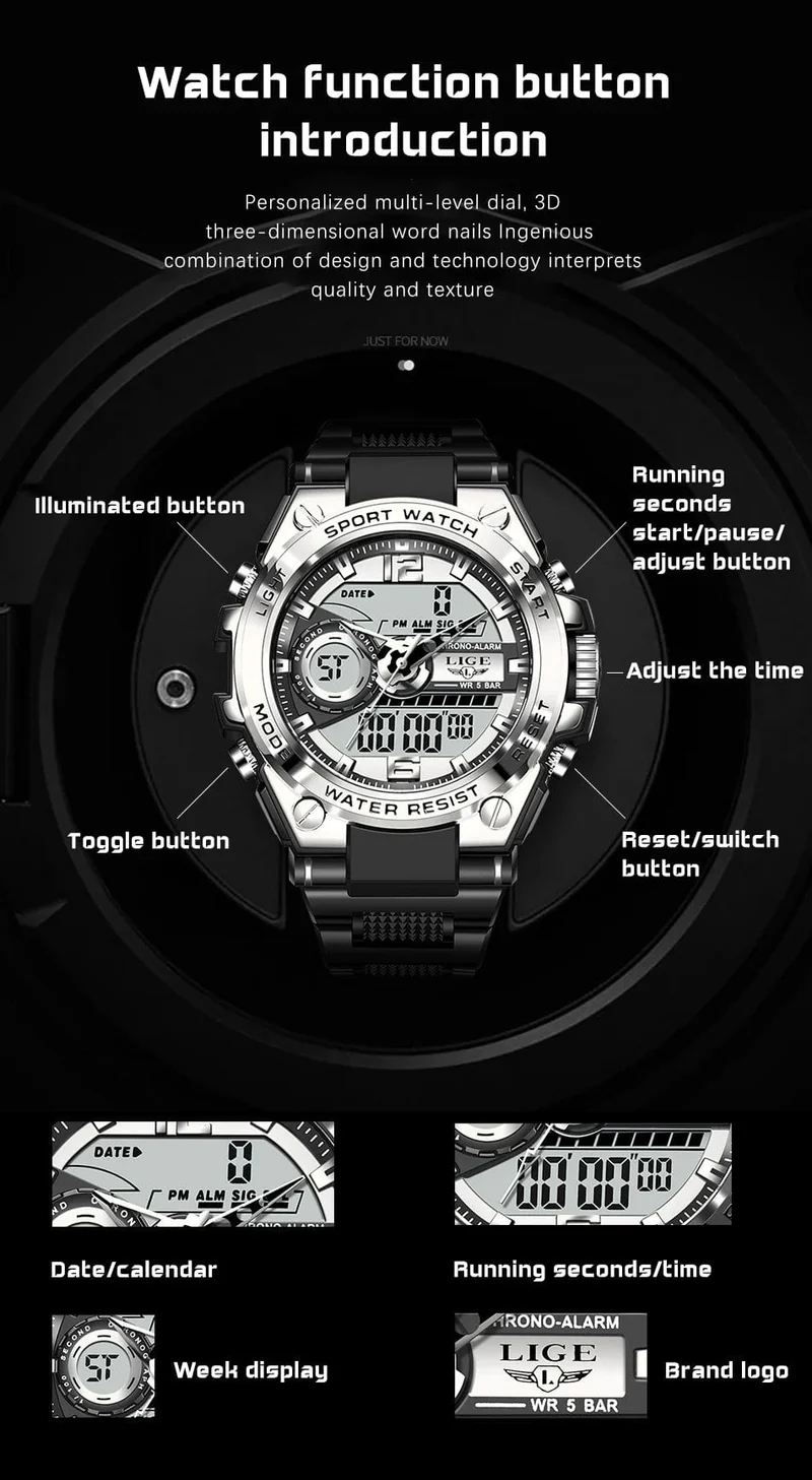 LIGE Männer Militär Uhr Digital 50m Wasserdicht Armbanduhr LED Quarz Uhr Sport Uhr Männlichen Große Uhren Männer Relogios Masculino