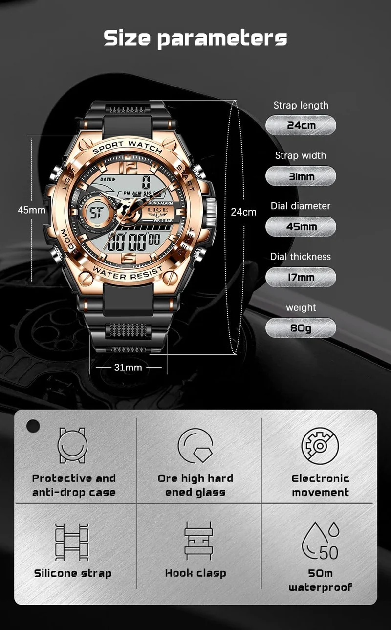 LIGE Männer Militär Uhr Digital 50m Wasserdicht Armbanduhr LED Quarz Uhr Sport Uhr Männlichen Große Uhren Männer Relogios Masculino
