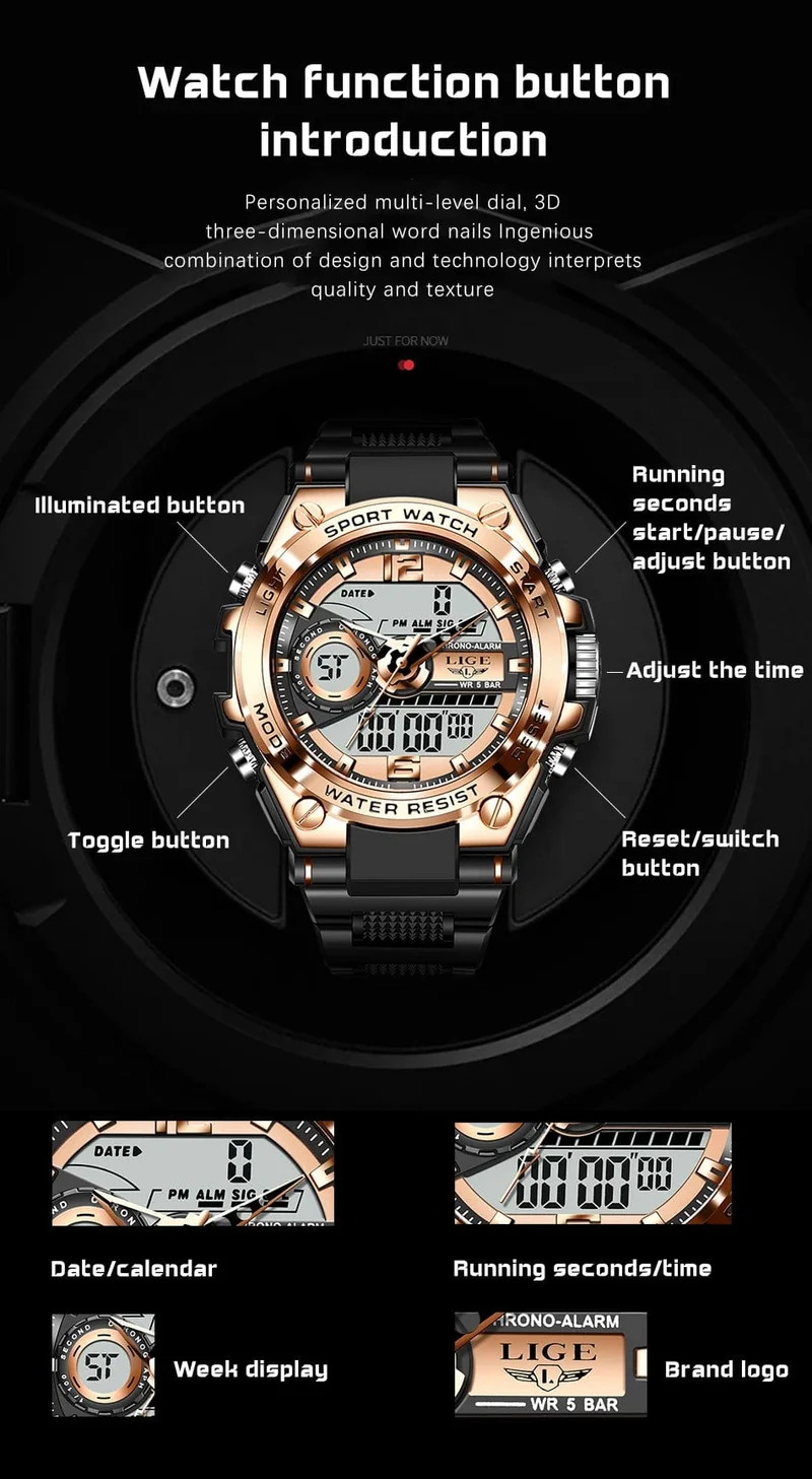 LIGE Männer Militär Uhr Digital 50m Wasserdicht Armbanduhr LED Quarz Uhr Sport Uhr Männlichen Große Uhren Männer Relogios Masculino
