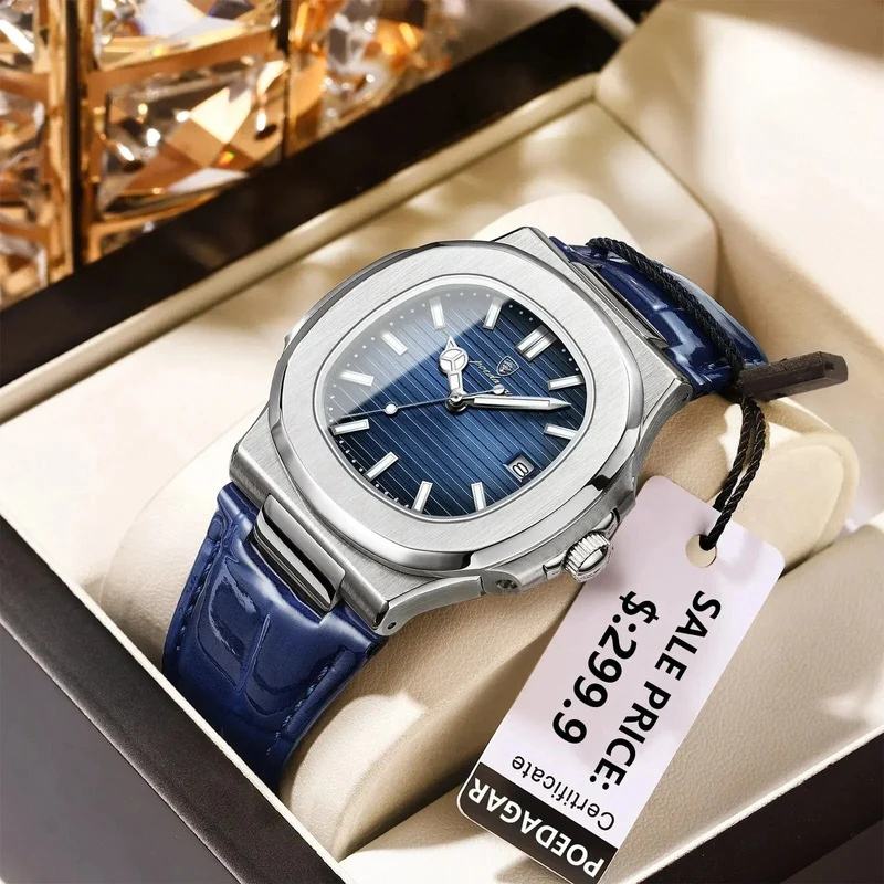 POEDAGAR Top Luxus Quadratische Mann Uhr Datum Wasserdicht Leuchtende Männer Armbanduhr Hohe Qualität Leder herren Quarz Uhren + Box Reloj
