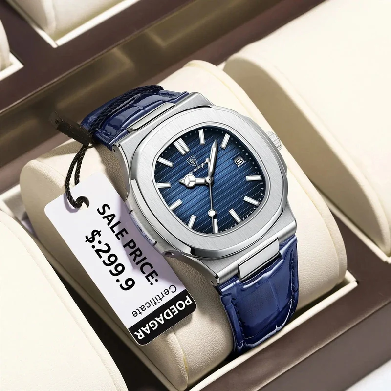 POEDAGAR Top Luxus Quadratische Mann Uhr Datum Wasserdicht Leuchtende Männer Armbanduhr Hohe Qualität Leder herren Quarz Uhren + Box Reloj