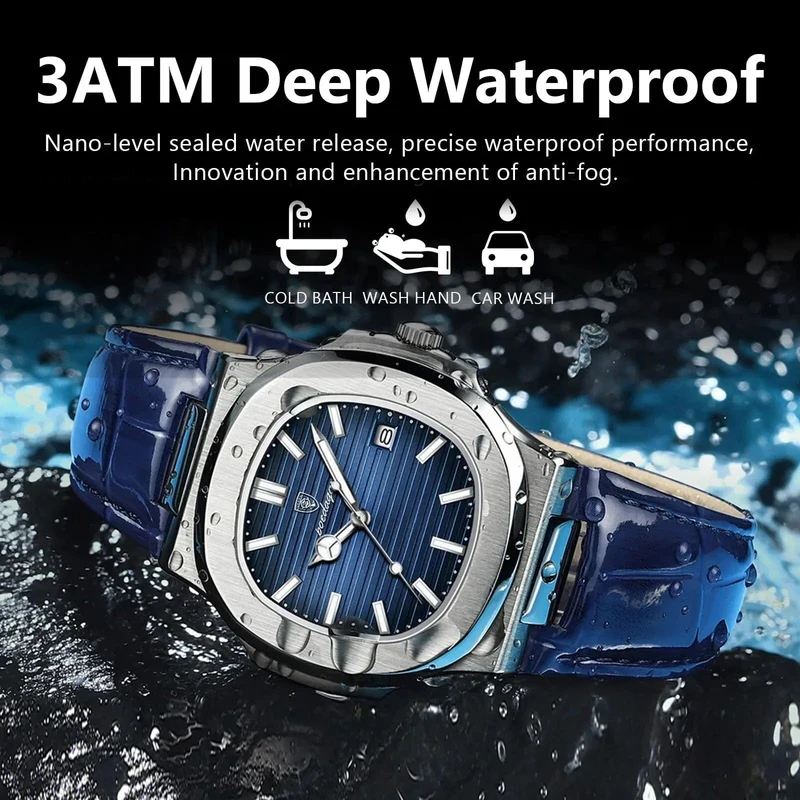 POEDAGAR Top Luxus Quadratische Mann Uhr Datum Wasserdicht Leuchtende Männer Armbanduhr Hohe Qualität Leder herren Quarz Uhren + Box Reloj