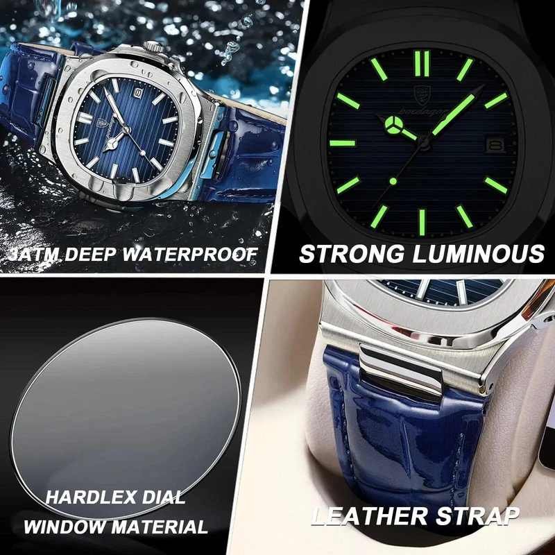 POEDAGAR Top Luxus Quadratische Mann Uhr Datum Wasserdicht Leuchtende Männer Armbanduhr Hohe Qualität Leder herren Quarz Uhren + Box Reloj