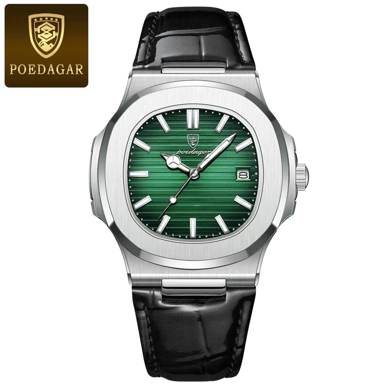 POEDAGAR Top Luxus Quadratische Mann Uhr Datum Wasserdicht Leuchtende Männer Armbanduhr Hohe Qualität Leder herren Quarz Uhren + Box Reloj