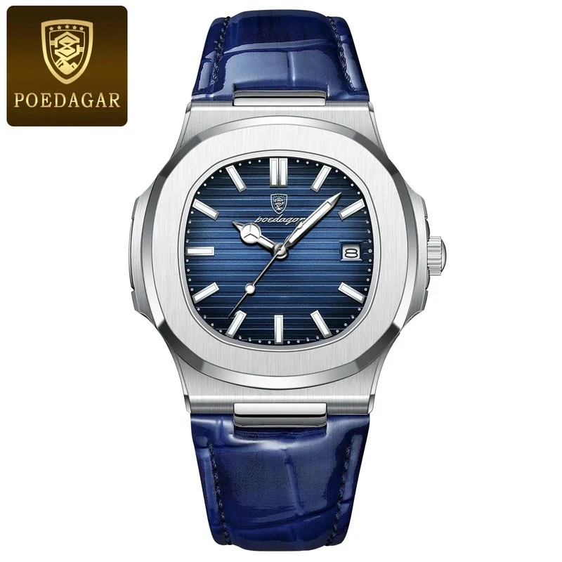 POEDAGAR Top Luxus Quadratische Mann Uhr Datum Wasserdicht Leuchtende Männer Armbanduhr Hohe Qualität Leder herren Quarz Uhren + Box Reloj