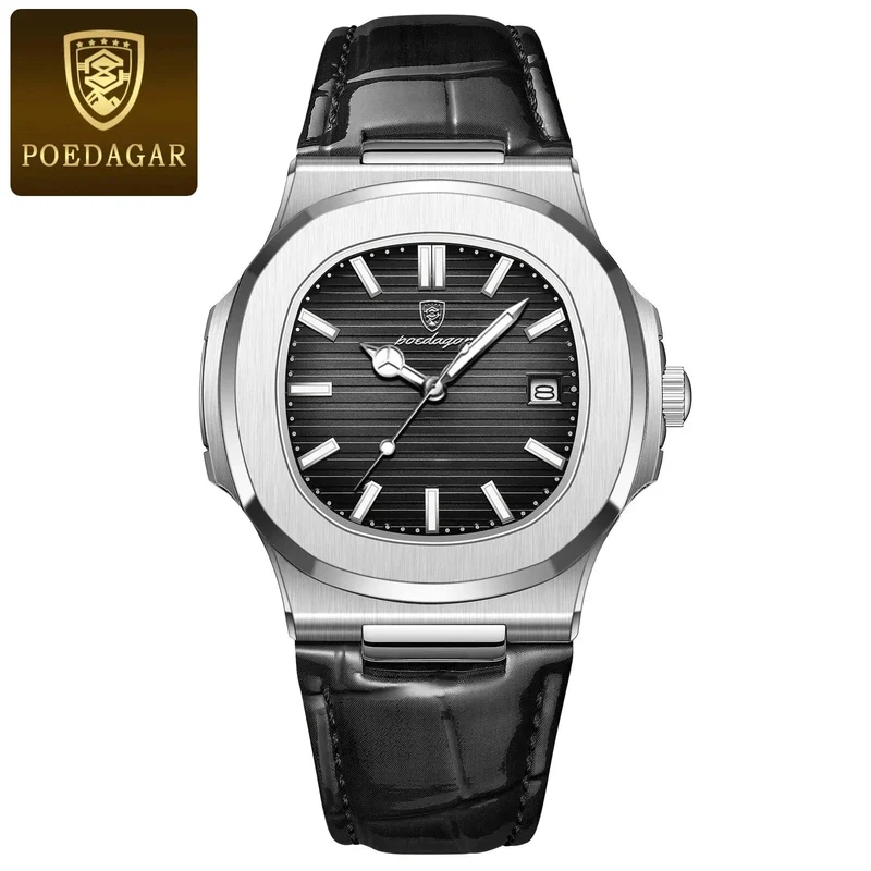 POEDAGAR Top Luxus Quadratische Mann Uhr Datum Wasserdicht Leuchtende Männer Armbanduhr Hohe Qualität Leder herren Quarz Uhren + Box Reloj