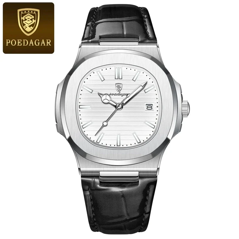 POEDAGAR Top Luxus Quadratische Mann Uhr Datum Wasserdicht Leuchtende Männer Armbanduhr Hohe Qualität Leder herren Quarz Uhren + Box Reloj