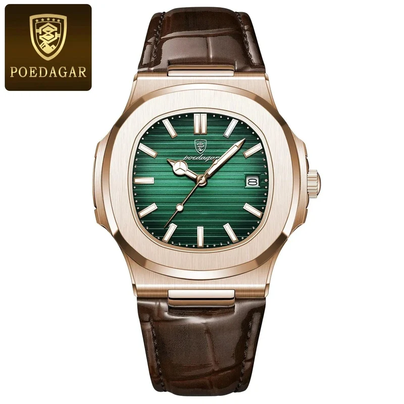 POEDAGAR Top Luxus Quadratische Mann Uhr Datum Wasserdicht Leuchtende Männer Armbanduhr Hohe Qualität Leder herren Quarz Uhren + Box Reloj
