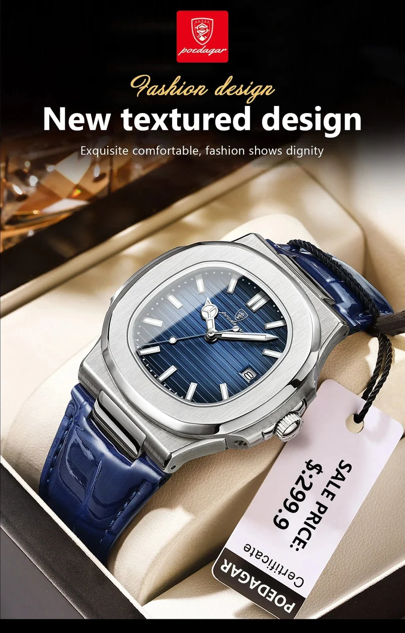 POEDAGAR Top Luxus Quadratische Mann Uhr Datum Wasserdicht Leuchtende Männer Armbanduhr Hohe Qualität Leder herren Quarz Uhren + Box Reloj