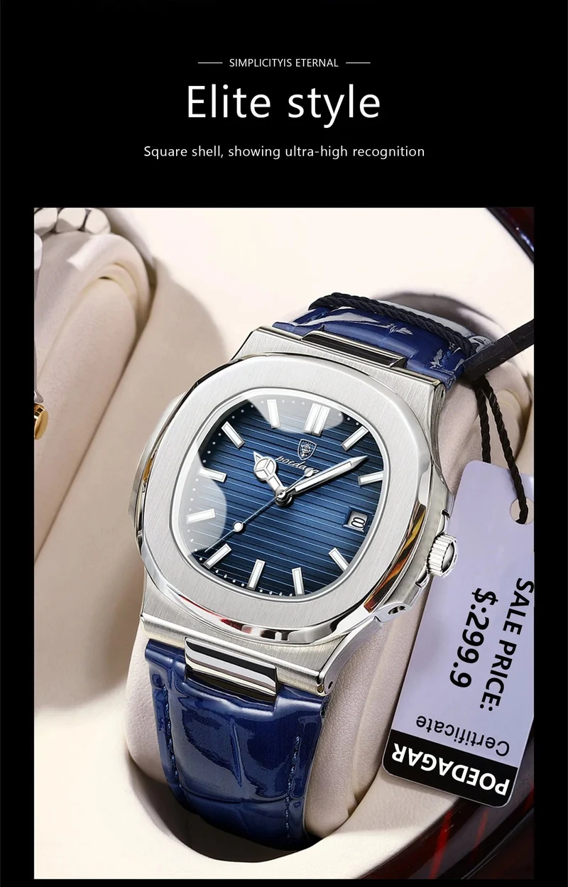 POEDAGAR Top Luxus Quadratische Mann Uhr Datum Wasserdicht Leuchtende Männer Armbanduhr Hohe Qualität Leder herren Quarz Uhren + Box Reloj