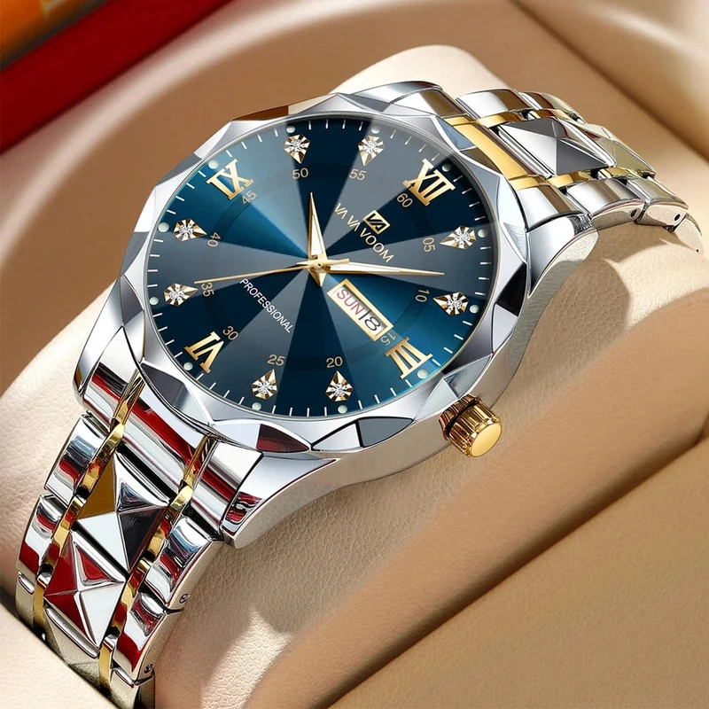 Herrenuhr Water Diamond Luxury Night Glow Doppelkalender Quarzwerk 41mm Blau Gold Edelstahl Fashion Business Watch