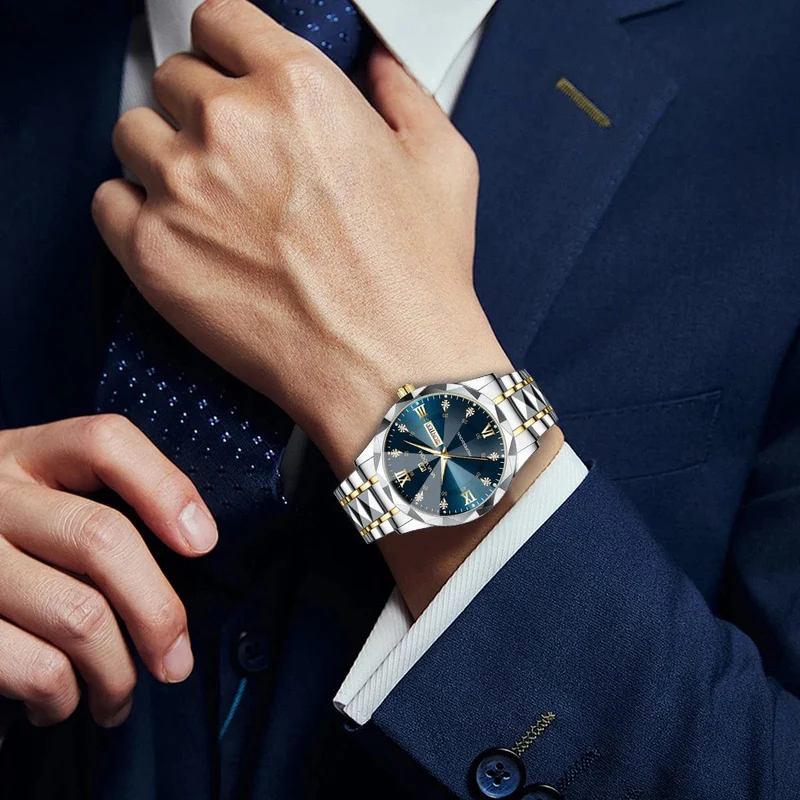 Herrenuhr Water Diamond Luxury Night Glow Doppelkalender Quarzwerk 41mm Blau Gold Edelstahl Fashion Business Watch