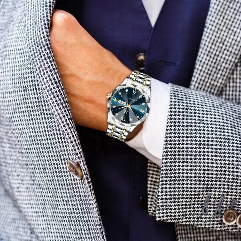 Herrenuhr Water Diamond Luxury Night Glow Doppelkalender Quarzwerk 41mm Blau Gold Edelstahl Fashion Business Watch