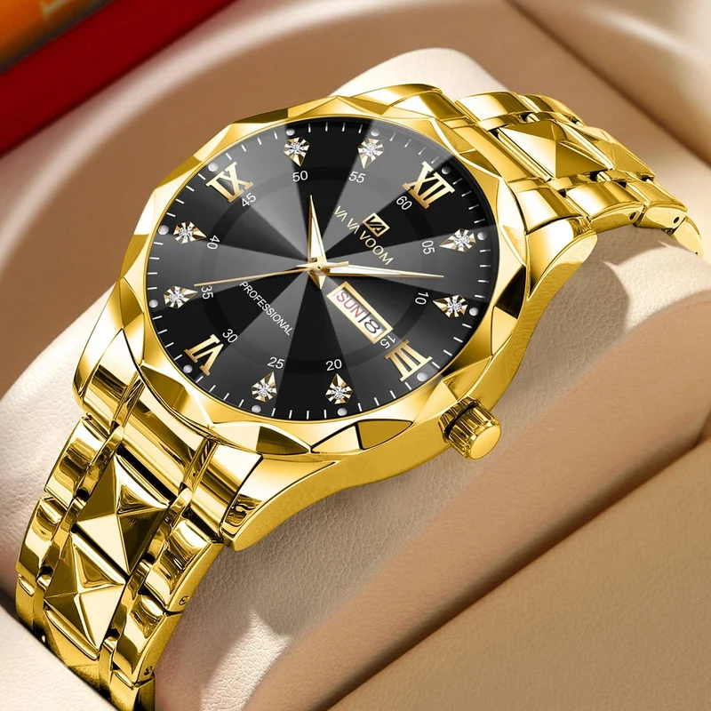 Herrenuhr Water Diamond Luxury Night Glow Doppelkalender Quarzwerk 41mm Blau Gold Edelstahl Fashion Business Watch