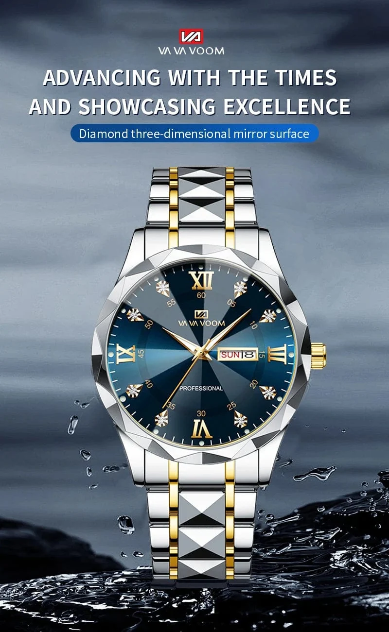 Herrenuhr Water Diamond Luxury Night Glow Doppelkalender Quarzwerk 41mm Blau Gold Edelstahl Fashion Business Watch
