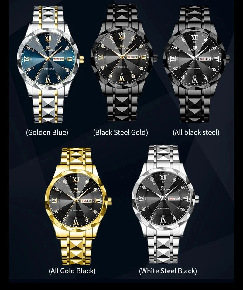 Herrenuhr Water Diamond Luxury Night Glow Doppelkalender Quarzwerk 41mm Blau Gold Edelstahl Fashion Business Watch