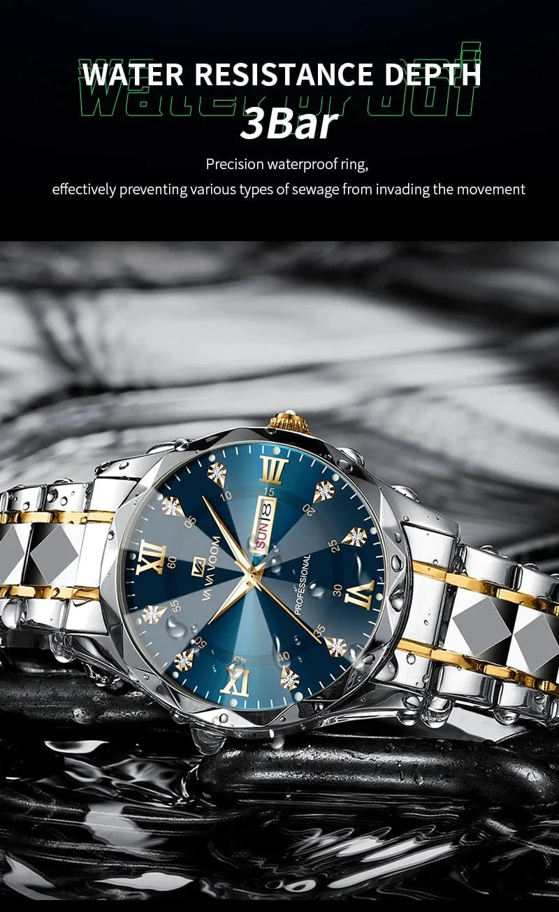 Herrenuhr Water Diamond Luxury Night Glow Doppelkalender Quarzwerk 41mm Blau Gold Edelstahl Fashion Business Watch