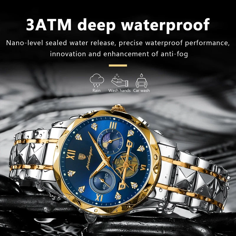 POEDAGAR Luxus-Armbanduhr für Männer, wasserdicht, leuchtender Chronograph, Edelstahl, Quarzuhr für Männer, reloj hombre