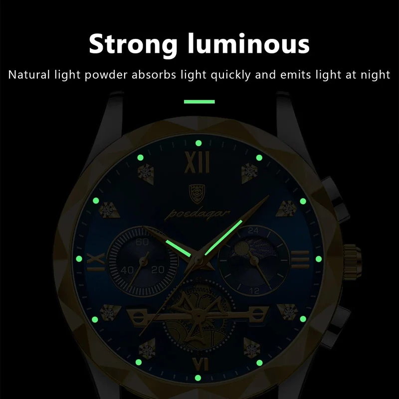 POEDAGAR Luxus-Armbanduhr für Männer, wasserdicht, leuchtender Chronograph, Edelstahl, Quarzuhr für Männer, reloj hombre